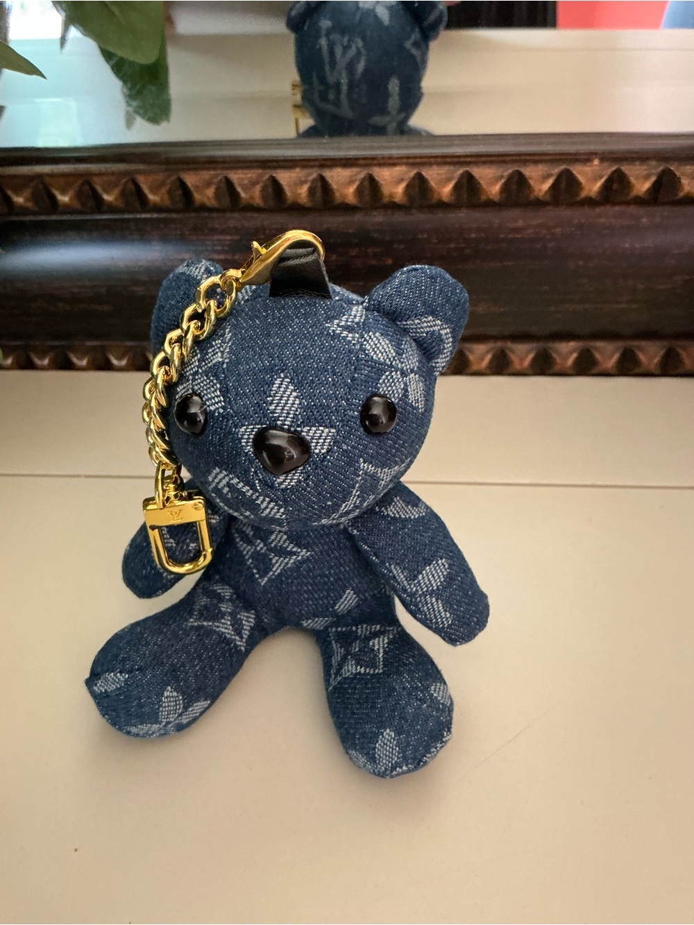 Louis Vuitton-inspired denim teddy bear bag charm/keychain with a gold-tone clas